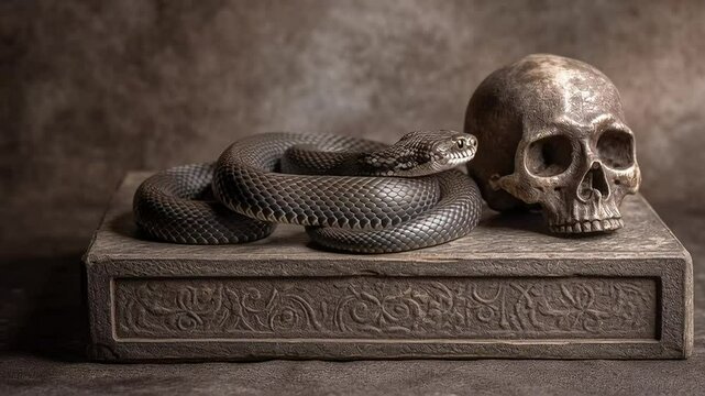Snake Coiled Around Skull on Rustic Stone Platform in Dim Lighting with ai generated