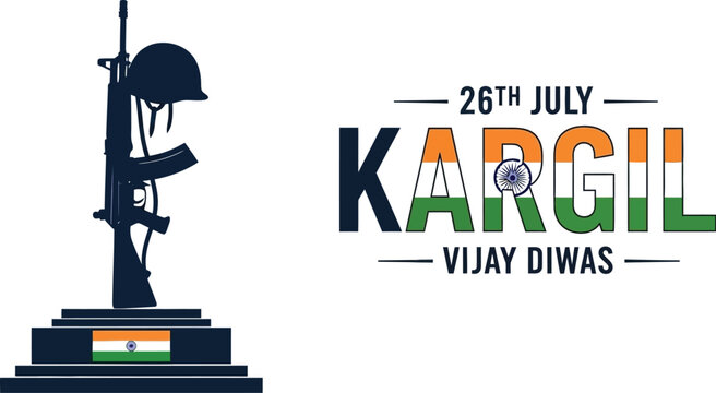 Commemoration of kargil vijay diwas with rifle and helmet silhouette and indian flag on july twenty sixth