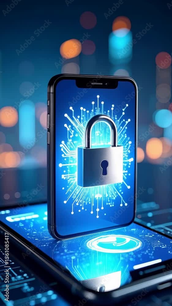 Poster mobile phones displaying digital padlock showing secure network with connection to technology cyber 