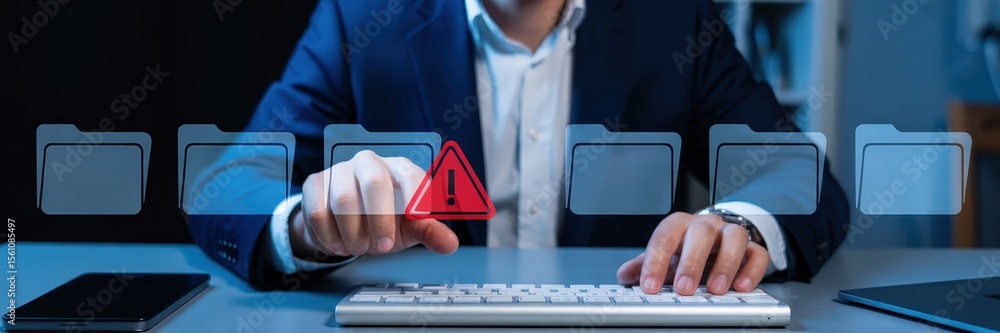 Aufkleber a person interacting with digital folders, displaying a warning sign.