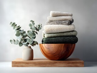 shelf styling with stack of linen towels, wooden bowl, and eucalyptus, photorealistic