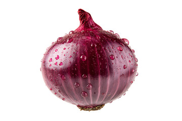 Single red onion with water drops, isolated on black.