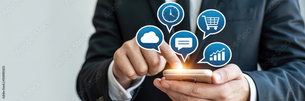 Aufkleber person interacting with a smartphone displaying digital interface.