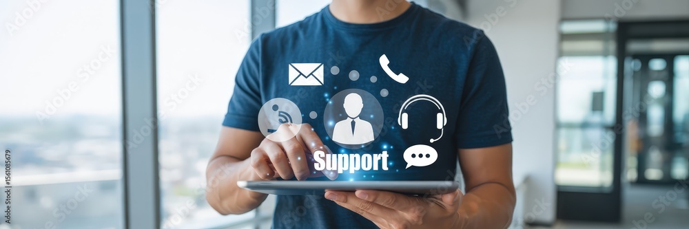 Poster person holding a tablet displaying a support interface.