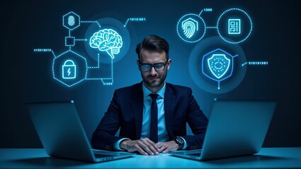 Man in suit analyzing digital security data with futuristic brain and fingerprint icons