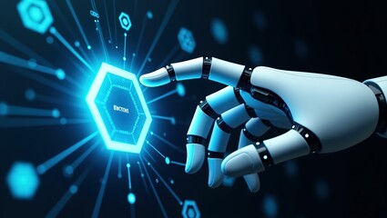 Robotic hand interacting with a glowing blue hexagonal data network interface