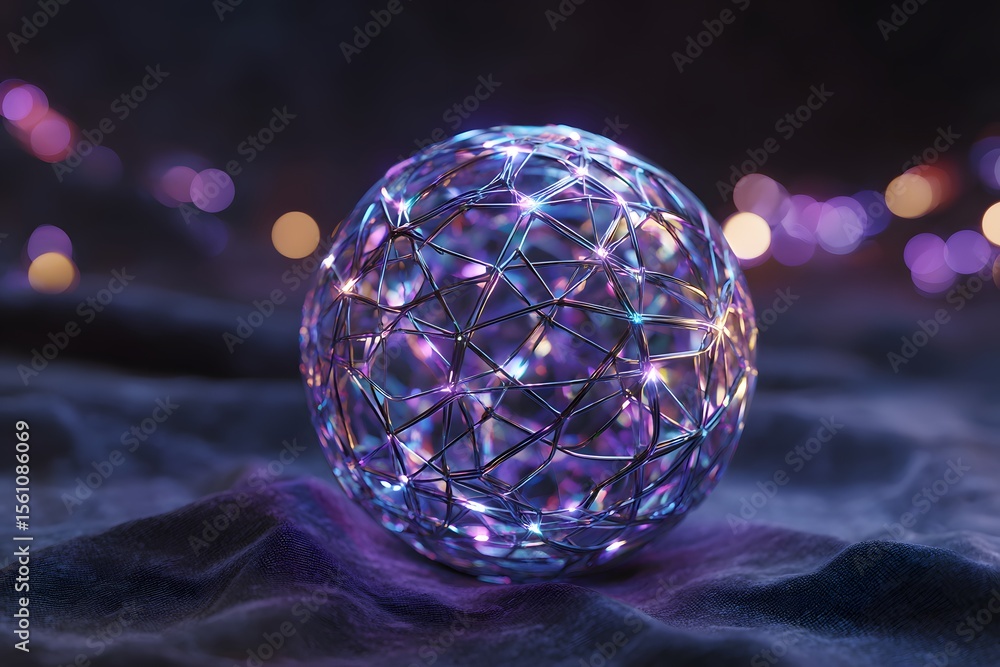 Poster A glowing sphere made of wireframe, with colorful neon lights and bokeh effects in the background. The scene is set against a dark fabric with a gradient from black to purple at its edges.