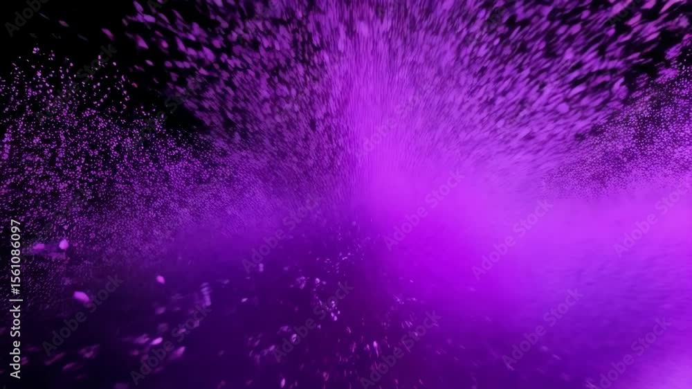 Poster dramatic purple dust particles spread in dark space, creating dynamic visual effect with blurred low