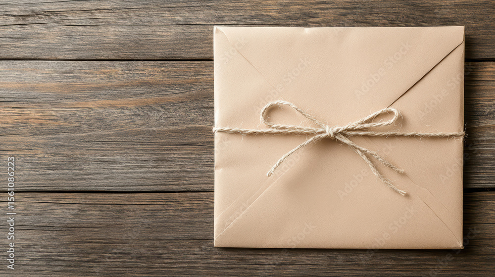 Aufkleber antique envelope tied with string on rustic wood surface evokes nostalgia and charm
