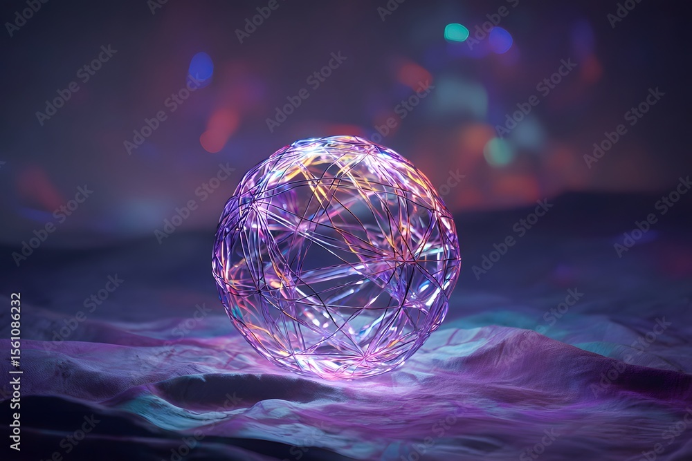 Poster a glowing sphere made of wireframe, with colorful neon lights and bokeh effects in the background. t