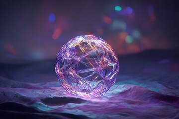 A glowing sphere made of wireframe, with colorful neon lights and bokeh effects in the background. The scene is set against a dark fabric with a gradient from black to purple at its edges.
