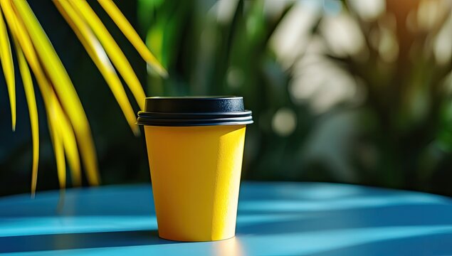 A vibrant yellow disposable coffee cup sits on a teal table, bathed in sunlight, amongst lush greenery