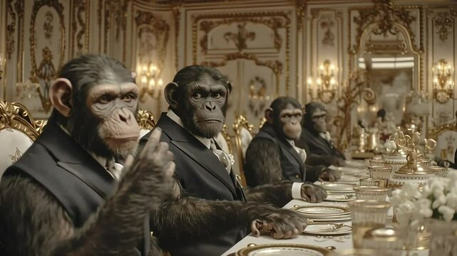 Monkeys Dressed in Formal Attire at an Elegant Banquet Table with ai generated