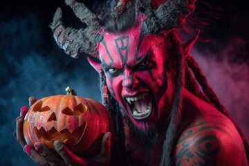 Redskinned devil figure screams with horns dreadlocks holding a carved pumpkin