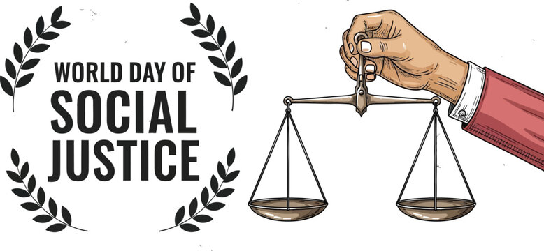 Illustration for world day of social justice with scales and a world map in the background - Powered by Adobe