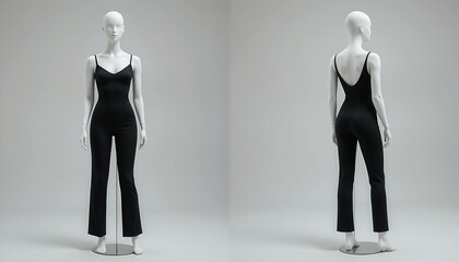 Fototapeta premium Full view of a female mannequin wearing a long, tight, shiny black dress against a simple light background.