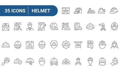 Helmet safety line icon set. Includes helmet, Safety Helmet, and hard hat. Editable stroke. Vector illustration