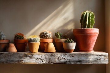 terracotta pot collection on reclaimed shelf with cactus, photorealistic, desert tones