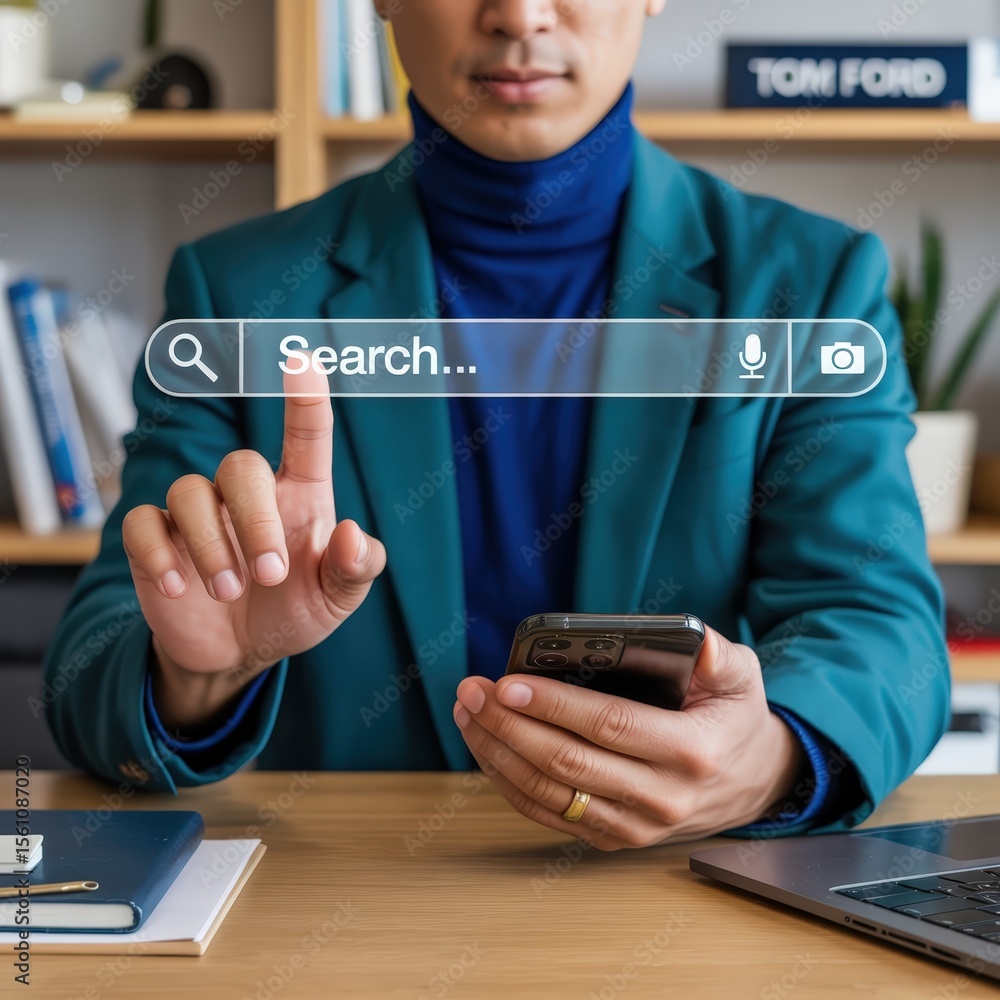 Poster person interacts with a transparent search bar on a computer screen.