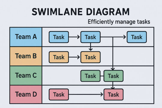 Swimlane diagram helps efficiently manage tasks by organizing workflow across teams and clearly defining task responsibilities and sequence