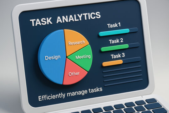 Task analytics pie chart on laptop screen helps efficiently manage tasks with design research meeting and other categories for better productivity