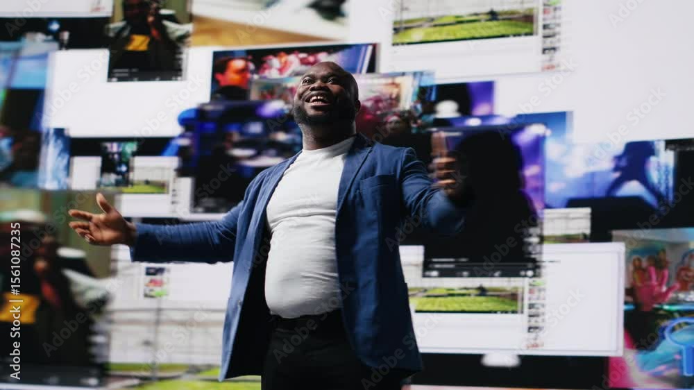 Poster african american man connected to a global network through mobile devices, opening apps and streamin