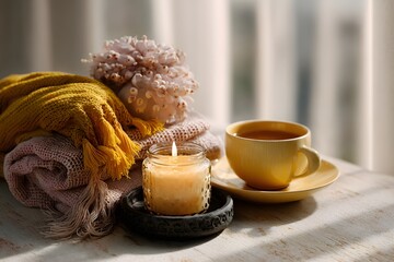 hygge inspired tabletop with cozy textiles, candle jar, and tea tray, photorealistic