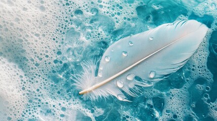 Transparent water droplets on white bird's feather on blue and turquoise background,  - ai