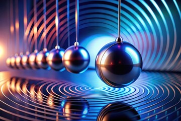 Dynamic Metal Spheres in Rhythmic Motion on a Concentric Circular Surface with Vibrant Blue and Orange Hues
