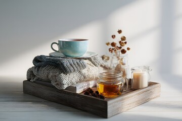 hygge inspired tabletop with cozy textiles, candle jar, and tea tray, photorealistic