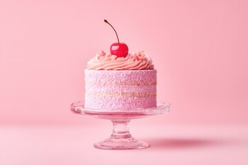 Delicious pink birthday cake with cherry topping on pink background