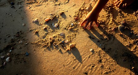 Child s hands and feet exploring a sandy beach covered in shells during golden hour warm sunlight casting long shadows