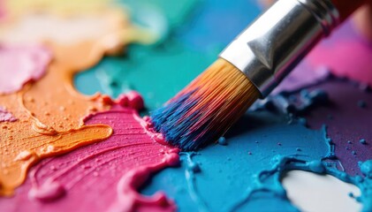 Fototapeta premium Close-up of paintbrush bristles dipped in vibrant acrylic paint, ready for artistic creation Texture, color, and the potential for a masterpiece are highlighted , supplies, art, expression