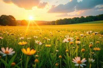 Fototapeta premium Golden hour sunlight bathes a vast, idyllic summer field, wildflowers swaying gently in the breeze Perfect for nature, travel, and seasonal themes , nature, picturesque