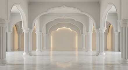 Fototapeta premium Luxury white empty room classic space interior, There are decorated with arches indian style, doric column, white marble floor and hidden warm light