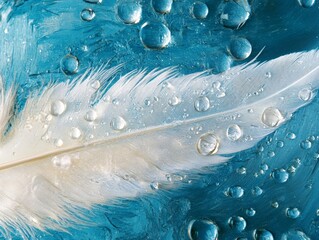 Transparent water droplets on white bird's feather on blue and turquoise background,  - ai