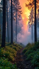 Obraz premium Controlled burn in a forest clearing, smoke rising amidst charred trees and green undergrowth, promoting forest regeneration and reducing wildfire risk , forest floor, heat