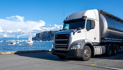 "Steel and Stone: A Tank Truck Parked in Front of a Landmark, Captured in Close-Up with Space for Scenic Travel and Commercial Use"