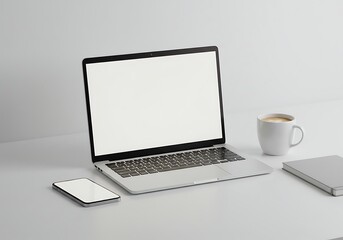 Fototapeta premium Blank Laptop Screen Mockup Modern Workspace with Phone and Notebook