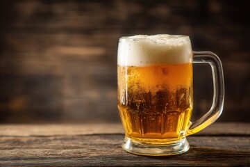 Mug of fresh beer with foam on wooden table