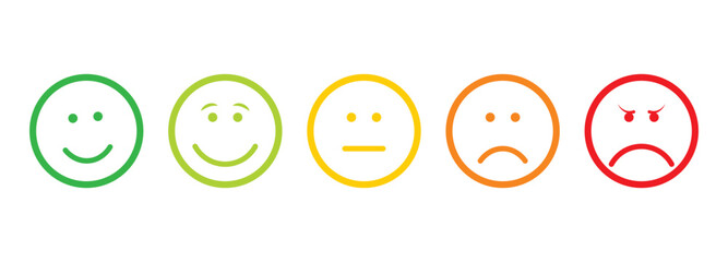 Feedback rating with emotions, Excellent, good, average, poor, and bad outline emoji