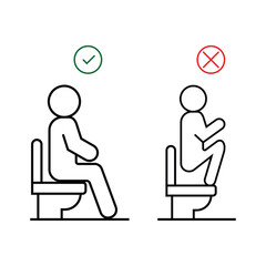 right and wrong sitting on bathroom, Correct toilet sitting posture, right position for light defecation with angle in knee and stage. Right and wrong posture of sitting on toilet. Vector line sign