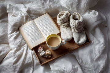 linen bed with vintage book, wool socks, and coffee mug on tray, photorealistic