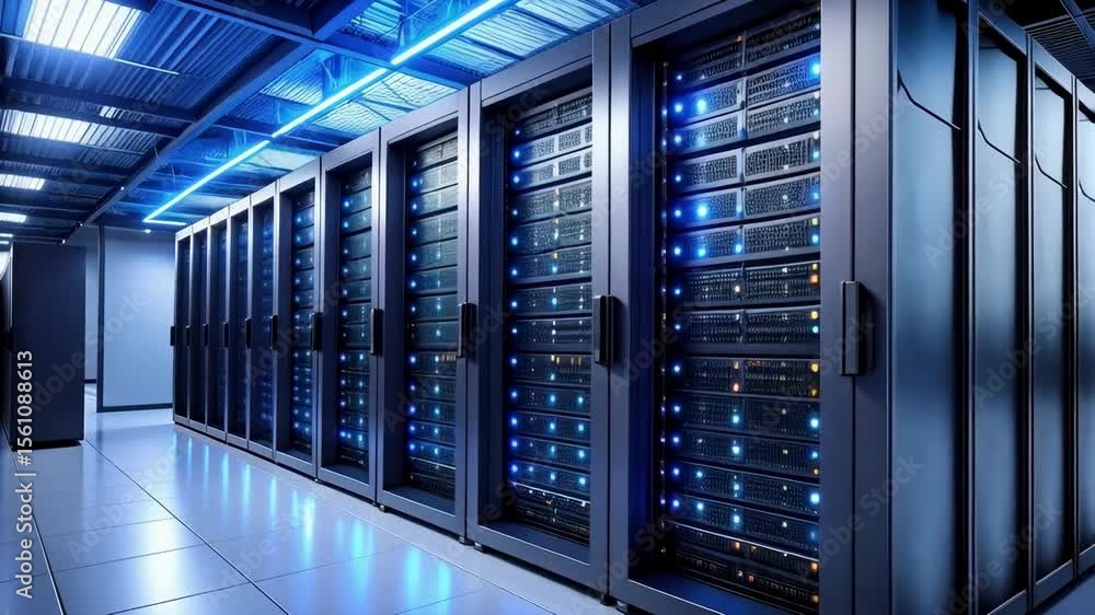 Poster server room with racks of computer equipment, data storage and processing, illuminated by neon light