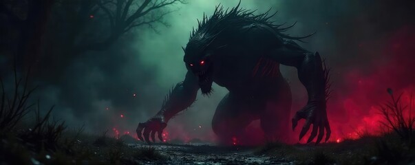 A shadowy, monstrous figure lurking in the dark, its claws extended, evokes primal fear Its menacing presence fills the frame, leaving the viewer breathless with terror , grim, gothic