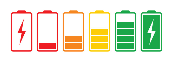 Battery charge rating and feedback scale symbol. bad, poor, average, good and excellent battery charge color sign symbol