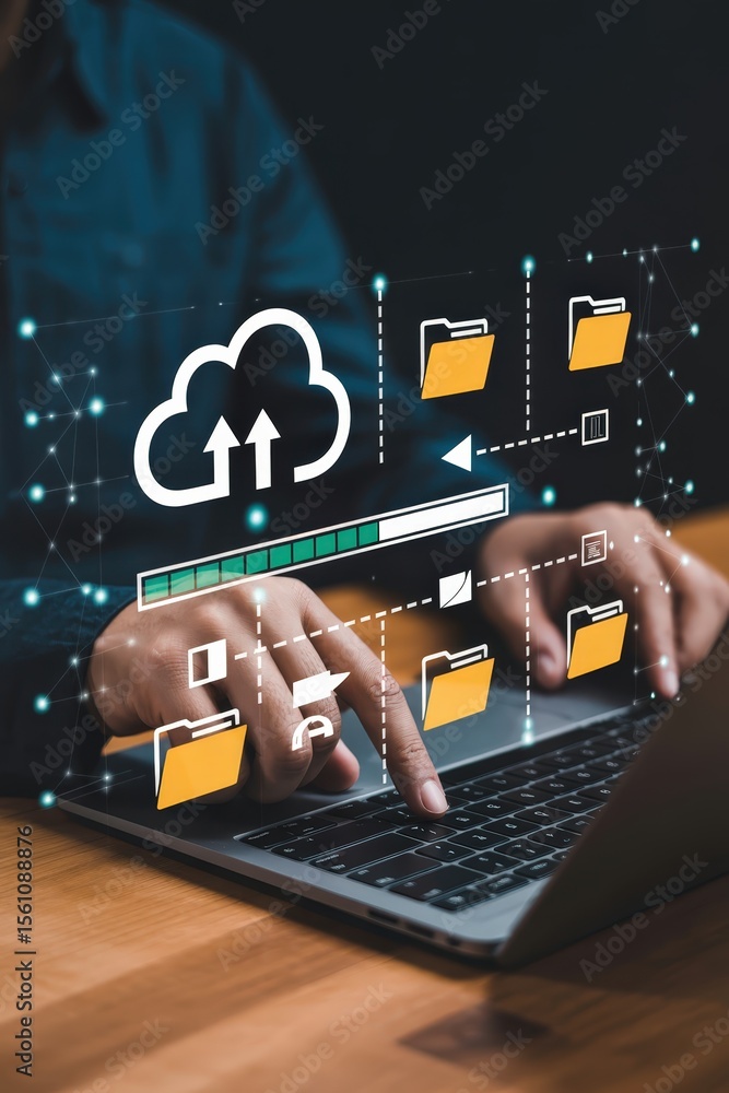 Aufkleber person working on a laptop with a cloud computing interface overlaid.