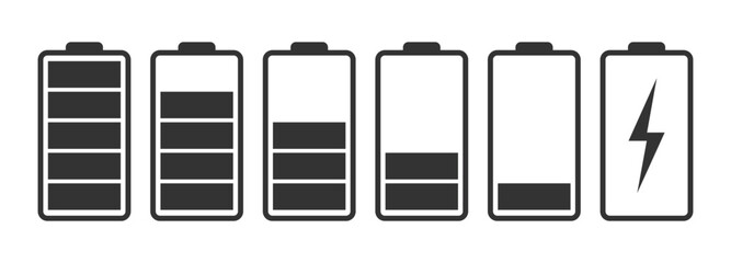 Black battery charging and power level icon set in minimal flat style. This vector illustration includes six battery status icons, from empty to full, with a charging symbol. 