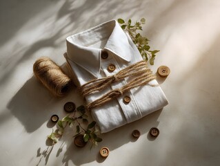 sustainable fashion flatlay with folded linen, buttons, and natural twine, photorealistic