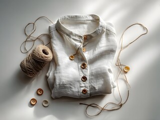 sustainable fashion flatlay with folded linen, buttons, and natural twine, photorealistic